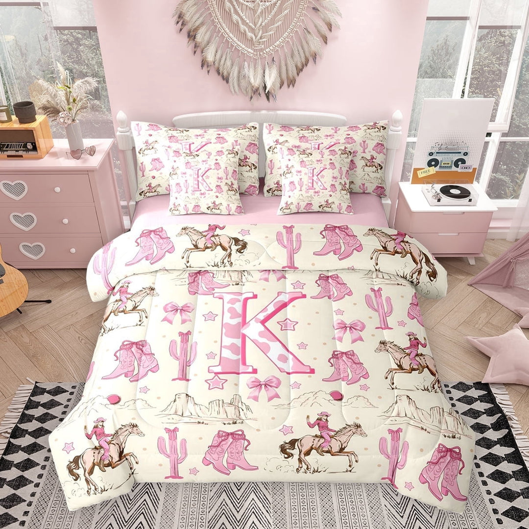 Erosebridal Western Cowgirl Twin Bedding Sets for Girls, Monogrammed K Bedding Comforter Set, Pink Reversible, 7-Piece
