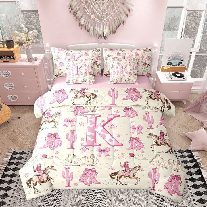 Erosebridal Western Cowgirl Twin Bedding Sets for Girls, Monogrammed K Bedding Comforter Set, Pink Reversible, 7-Piece