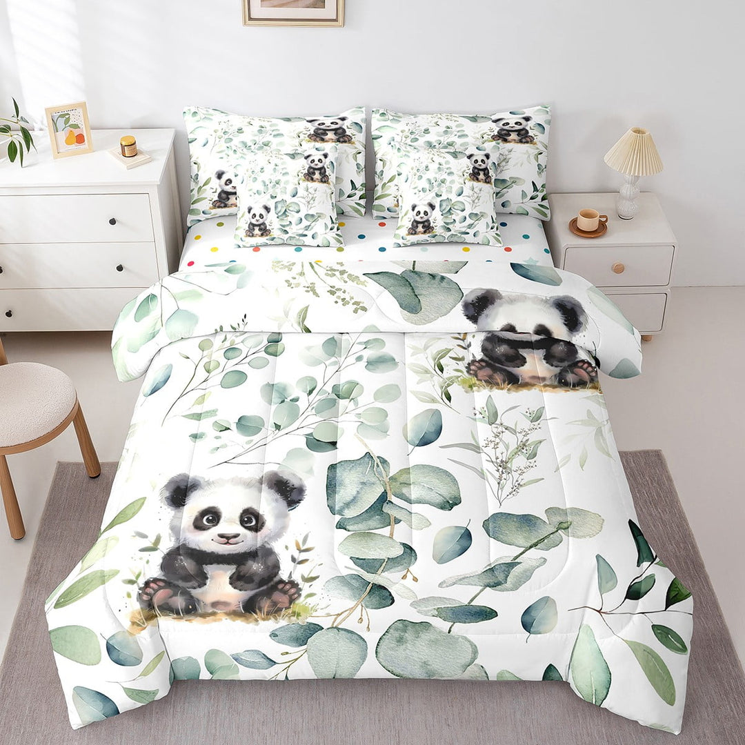 Cute Panda Twin Comforter Set 7 Pieces Green Eucalyptus Bedding Comforter Sets, Woodland Animal Bed in a Bag Botanical Leaves Bedding Set, Cartoon Wildlife Bear Bed Sheets Set