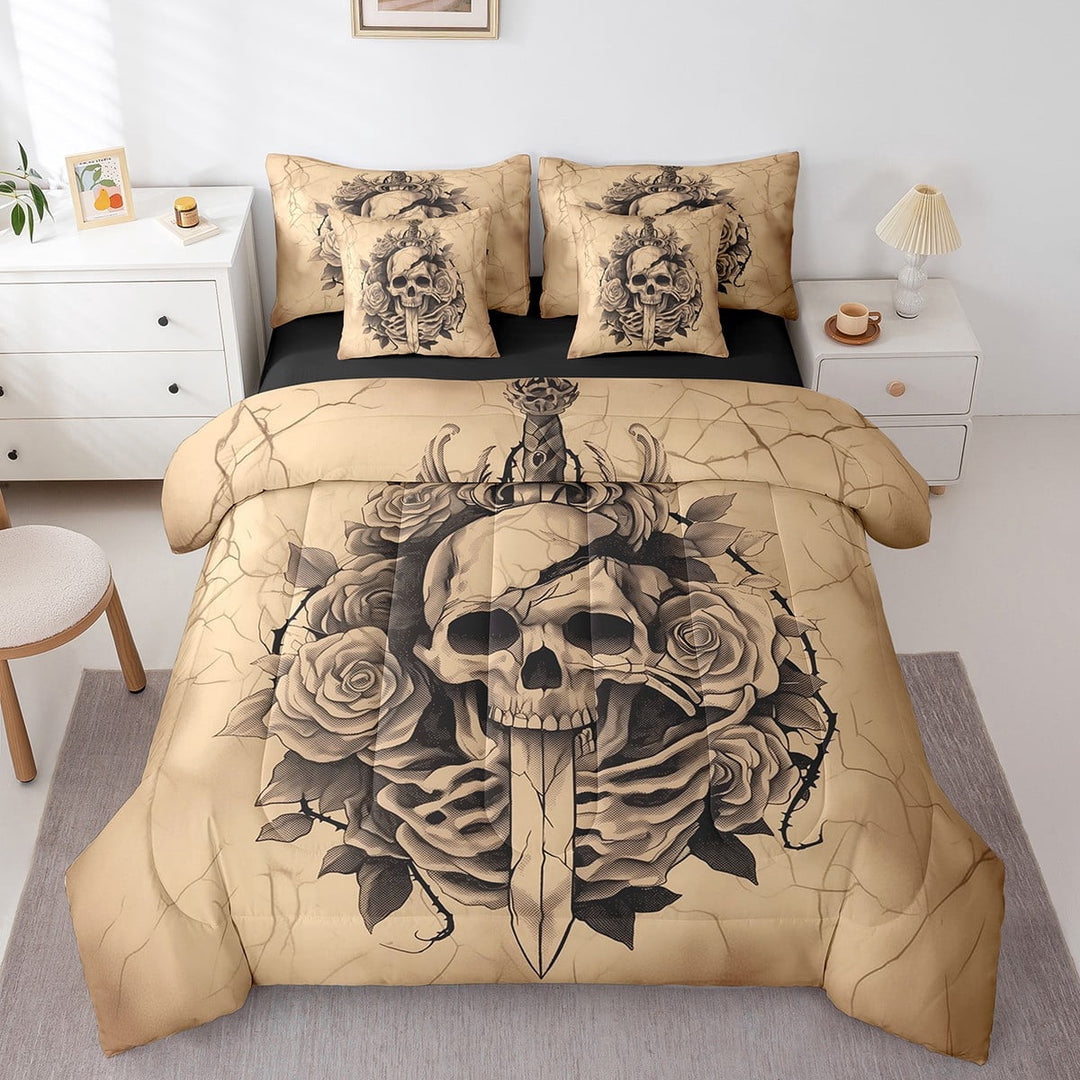Erosebridal Gothic Skull Bedding Full Size, Vintage Romantic Rose Bed in a Bag Full size, Halloween Decor, Reversible
