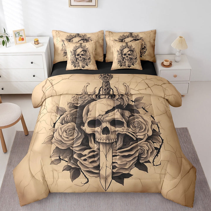 Erosebridal Gothic Skull Bedding Full Size, Vintage Romantic Rose Bed in a Bag Full size, Halloween Decor, Reversible