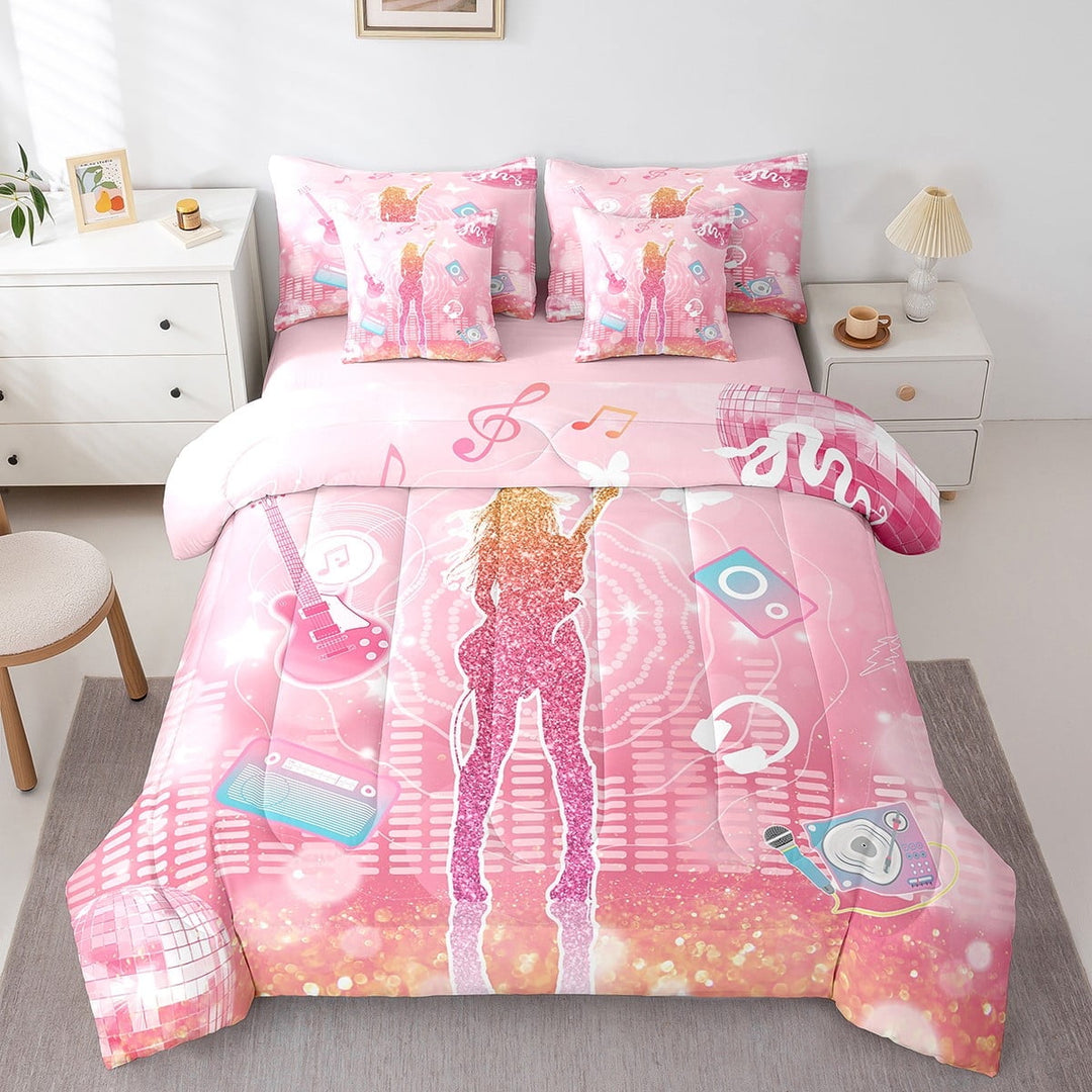 Erosebridal Music Lover Bedding Twin Size, Pop Princess Twin Size Bedding for Girls, Sequin Print Pink Reversible Bed Set, Lightweight Bedroom Decoration, 7pcs