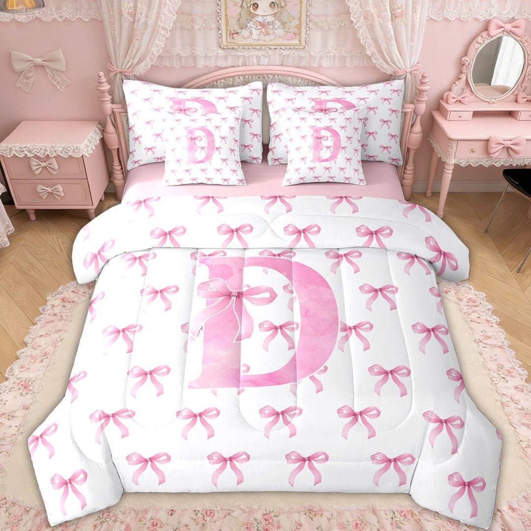 Erosebridal Bow Letter D Twin Bedding Sets for Girls, Pink Watercolor Ribbon Bedding Comforter Set, Pink Reversible, 7 Pieces