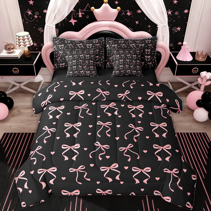 Erosebridal Princess Bow Heart Twin Bedding Sets, Black Pink Cartoon Bedding Comforter Set for Girls, 7 Pieces