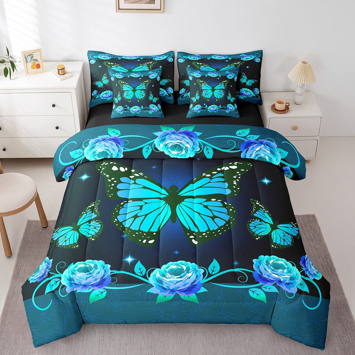 Butterfly Comforter Set 7 Piece Bed in a Bag Twin Teal Rose Bedding Sets,Romantic Garden Flowers Sheet Set with Comforter Rustic Animal Butterflies Bed Set,Aesthetic Room Decor