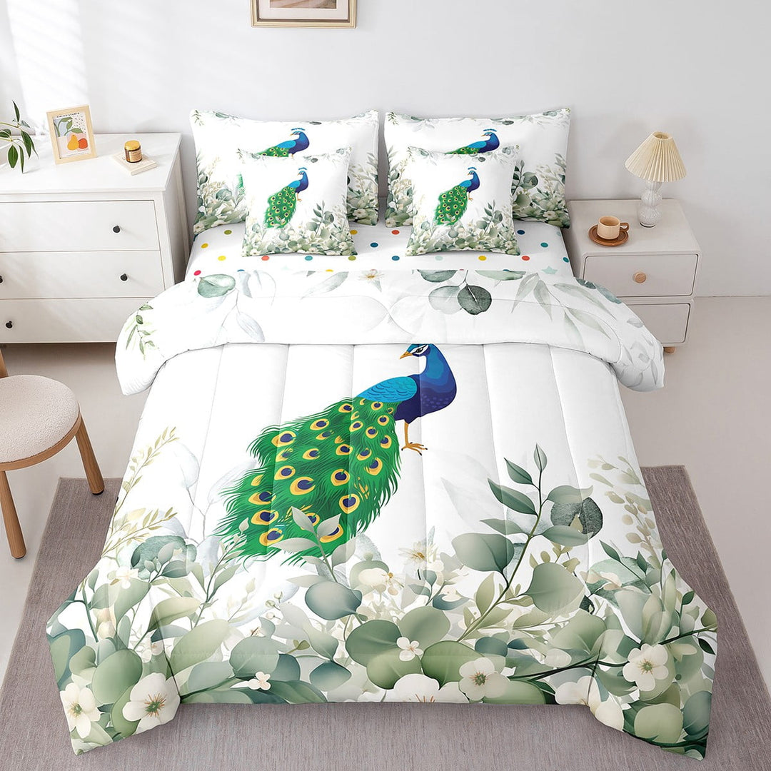 Cartoon Animal Twin Comforter Set 7 Pieces Kawaii Peacock Bedding Comforter Sets, Chic Bird Bed in a Bag Woodland Wildlife Bedding Set, Botanical Green Eucalyptus Bed Sheets Set