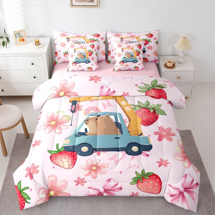 Erosebridal Kids Kawaii Capybara Driving Car Twin Bedding Sets 7-Piece,Boys Girls Cute Bow Floral Strawberry Bedding Comforter SetPink Reversible