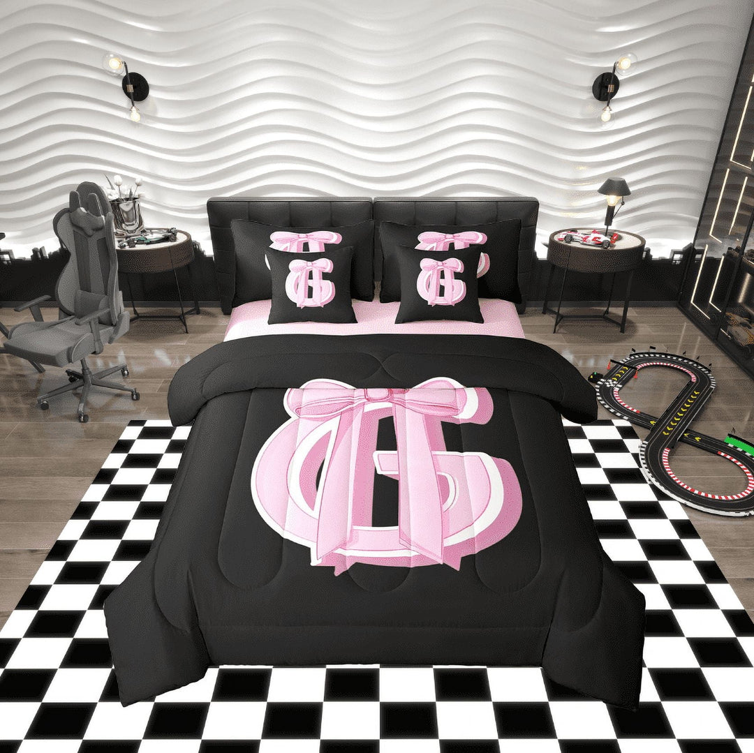 Erosebridal Kawaii Initial Letter Bedding Twin Size, Monogrammed G Bed in a Bag Twin size, Pink Ribbon Cow Reversible Bed Set, Ultra Soft Bedroom Decoration, 7pcs
