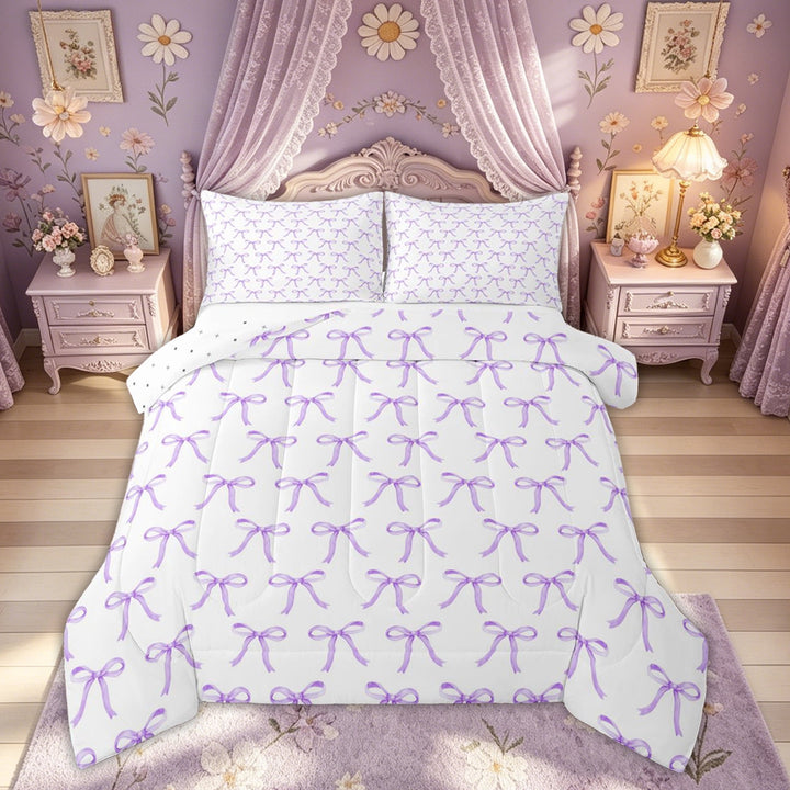 Meiyoeat Dreamy Purple Bow Full Size Comforter Sets for Women Girls, Kawaii Princess Style Bedding Sets, Reversible, 3pcs