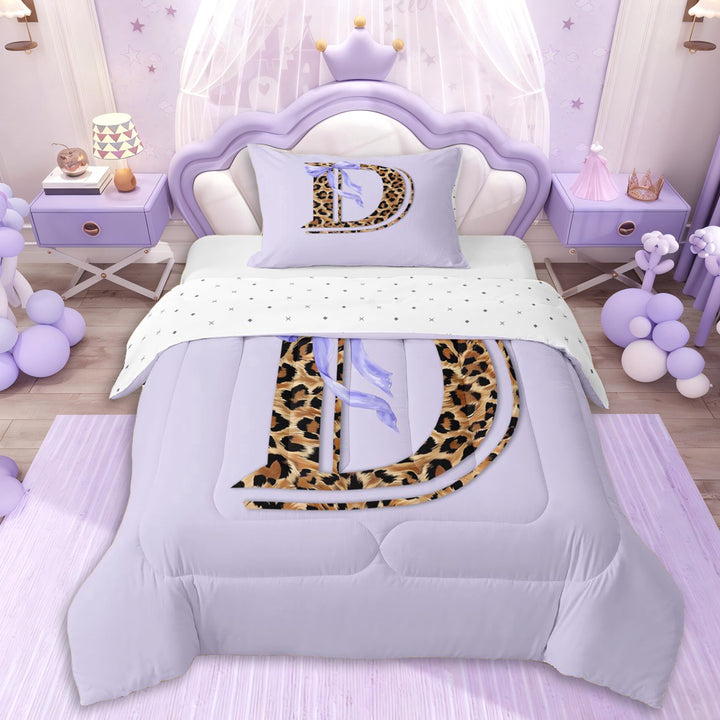 Erosebridal Girls Letter D Monogrammed Cartoon Bowknot Twin Comforter Sets 3-Piece,Purple Bow Vintage Leopard Print Bedding Set,Super Cozy Room Decor