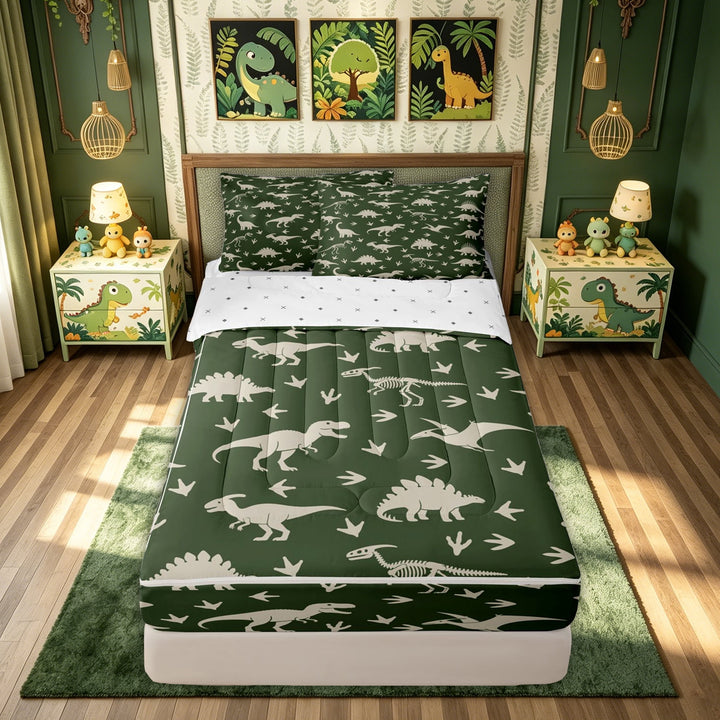 meiyoeat Green Dino Skeleton Zipper Comforter Set with Fitted Sheet and 2 Pillowcases for Boys, Wildlife Brachiosaurus Print Zipper Bedding Set, Reversible, 3-Piece