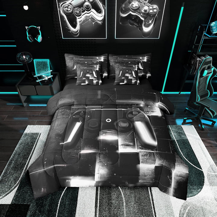 Gaming Twin Comforter Set 7 Pieces Men Video Game Bedding Comforter Sets, Abstract Glowing Square Bed in a Bag Black and Grey Bedding Set, Gray Gradient Checkered Gamepad Bed Sheets Set