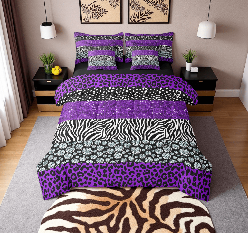7Pcs Leopard Print Comforter Set Queen Size,Rustic Cheetah Zebra Texture Patchwork Comforter + Flat Sheet + Fitted Sheet + 2 Pillowcases + 2 Throw Pillow Covers, Purple Chic