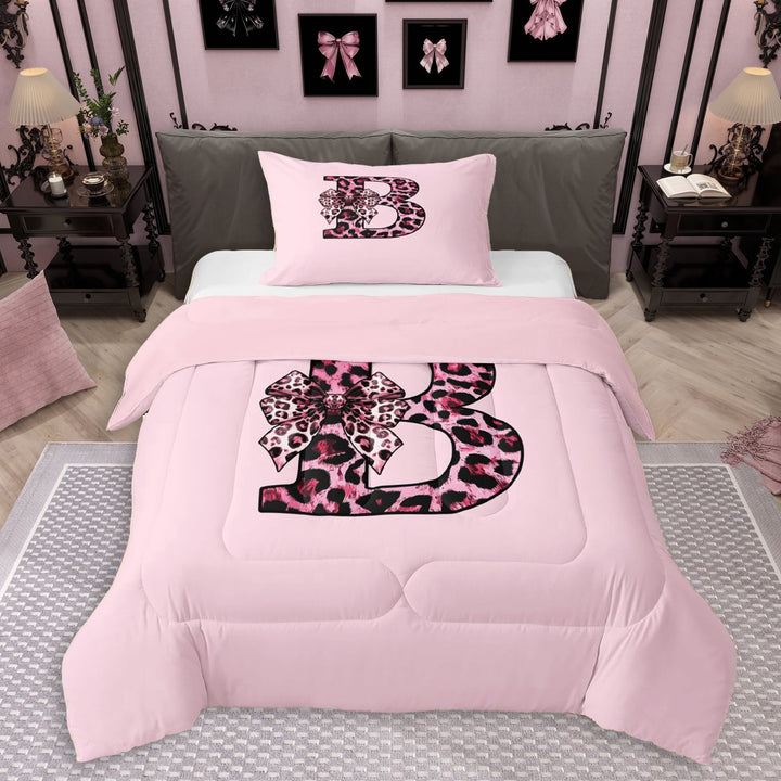 Erosebridal Kawaii Cheetah Print Bow Girl Twin Comforter Sets 3-Piece,Girls Teens Leopard Print Letter Monogrammed B Bedding Set,Pink Reversible