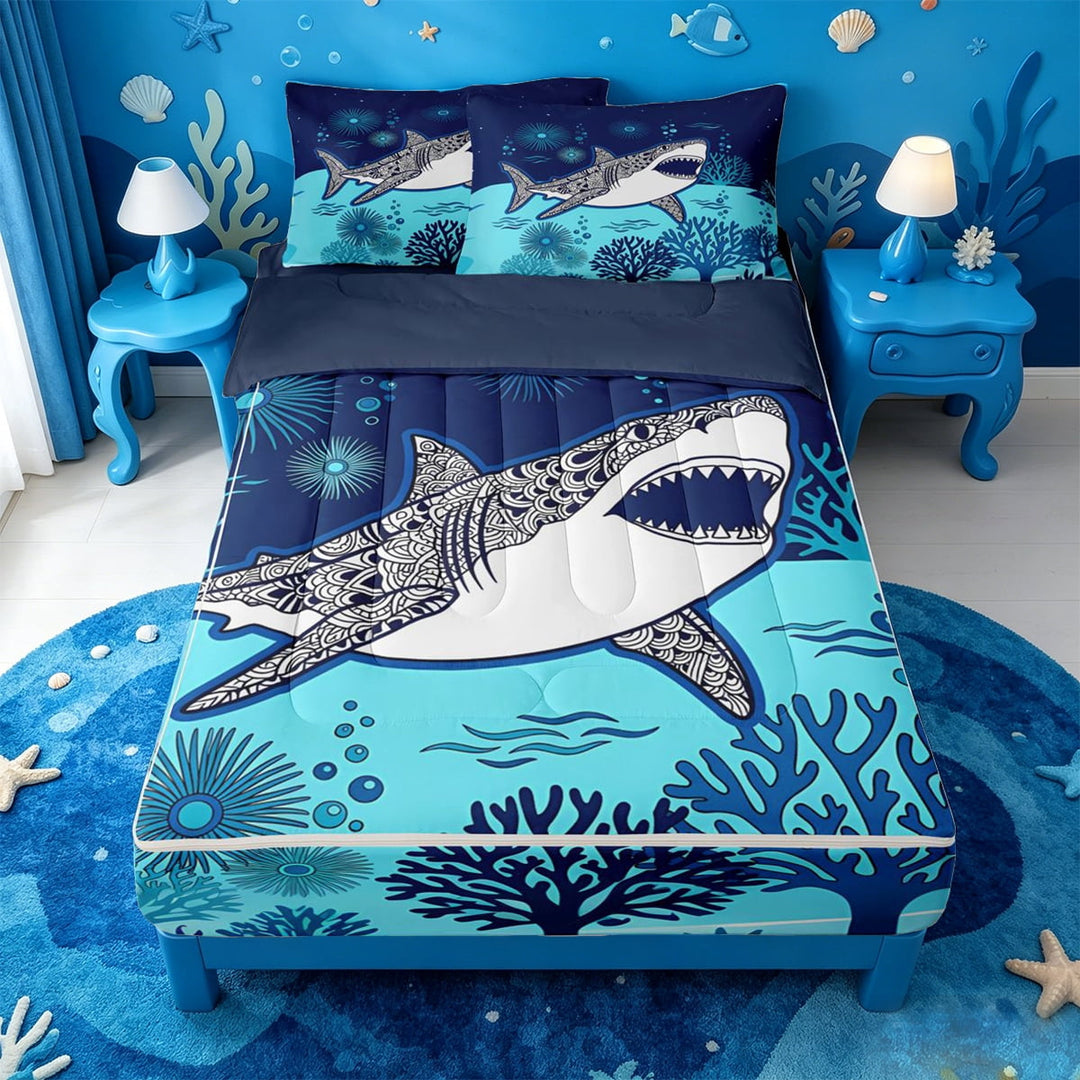 meiyoeat Vintage Bohemian Shark Zipper Twin Comforter Sets with Fitted Sheet and 2 Pillowcases For Boys,Kids Cartoon Sea Creature Zipper Bedding Set,Navy Blue Reversible,4 Pieces