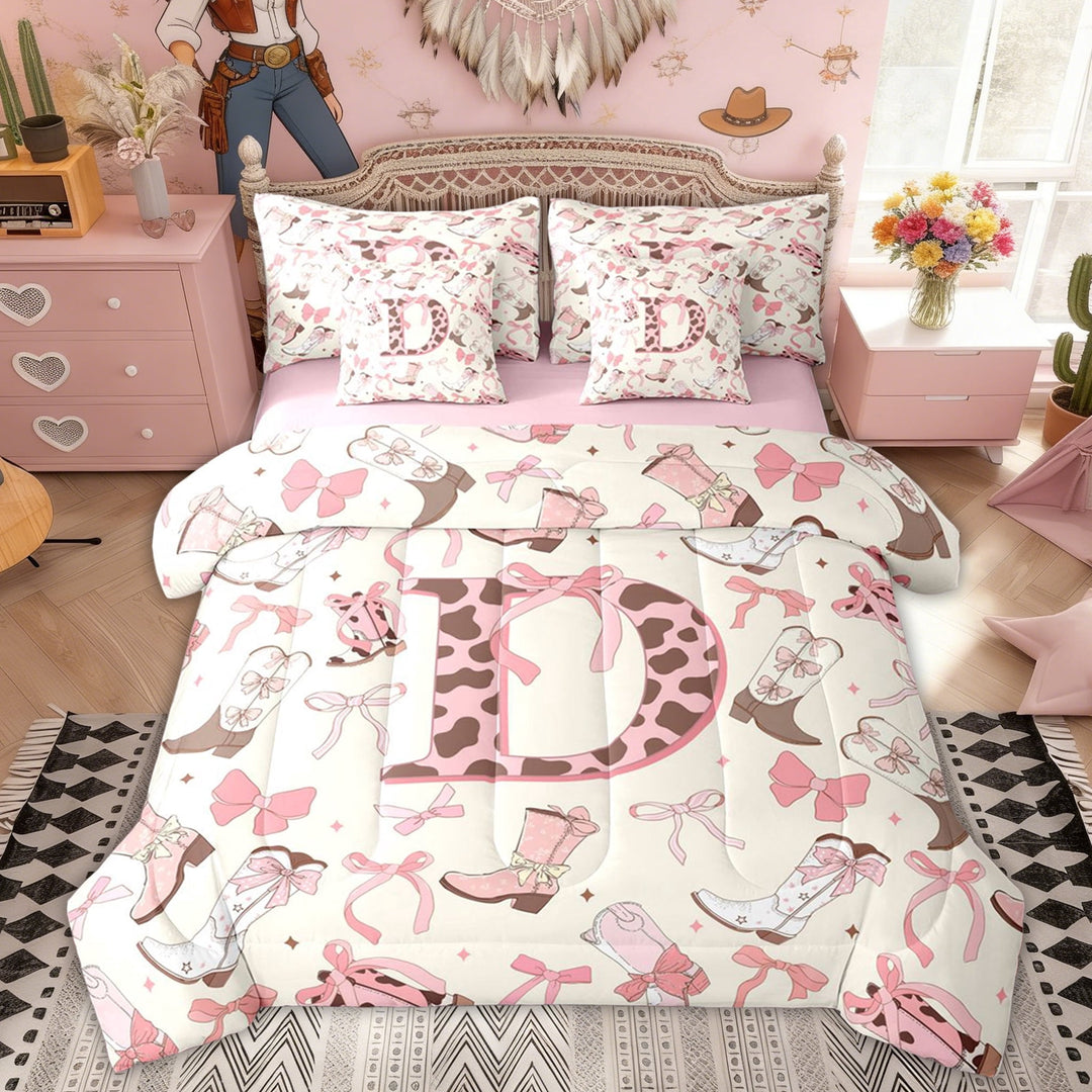 Erosebridal Cowboy Cowgirl Boot Bow-tie Bedding Comforter Set, Cow Print Monogrammed D Full Bedding Set for Girls, Pink Reversible, 7 Pieces