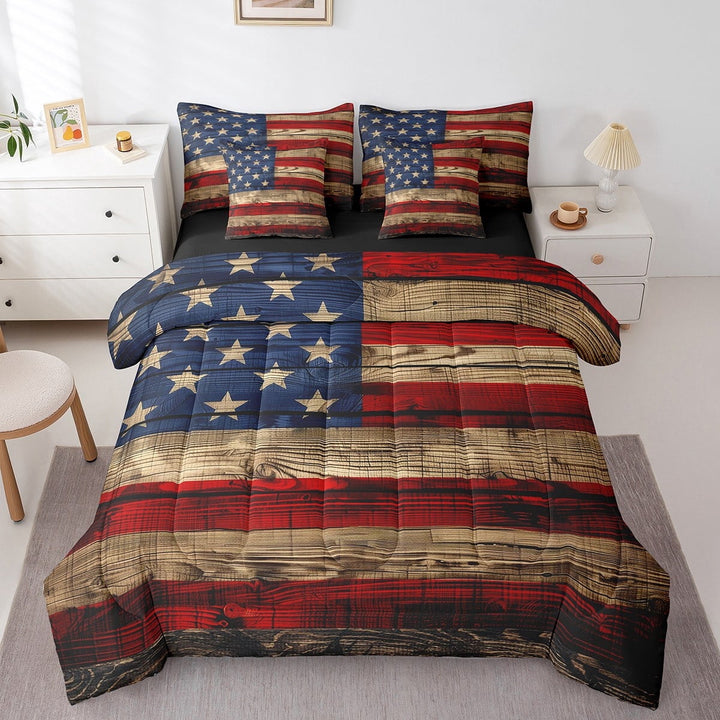Erosebridal Vintage American Flag Bed in a Bag Queen Size, Grunge USA Flag Bed Set, July Fourth Gifts Bed Sheets Setp with Comforter, Super Cozy Bedroom Decor, Reversible 7 Pieces
