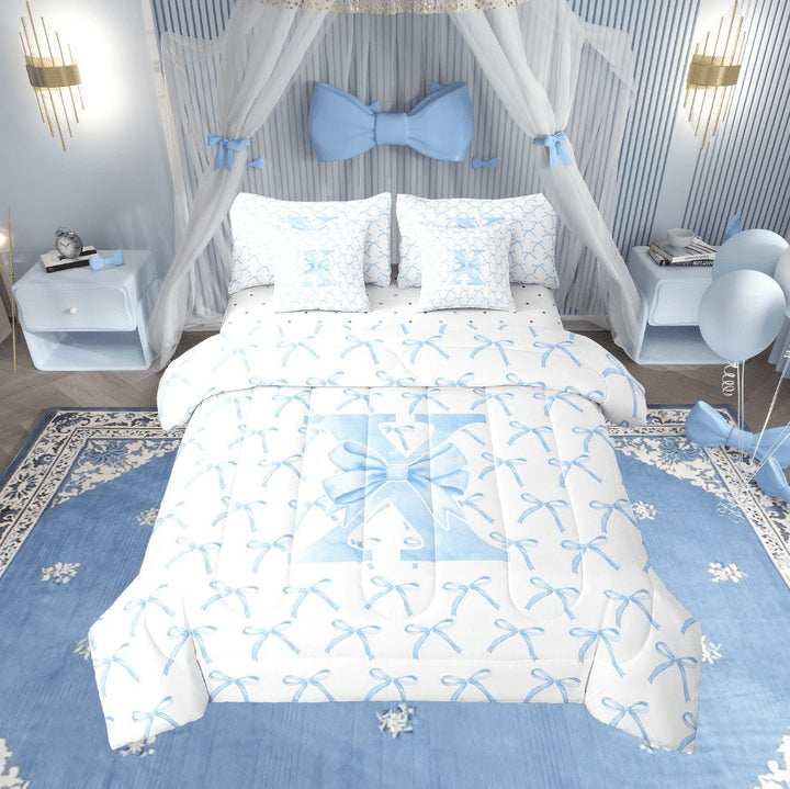 Erosebridal Monogrammed Bow Tie Bedding Sets Twin Size,Dreamy Princess Comforter Sets with Sheets,Letter Bedroom Decor,Reversible,7pcs
