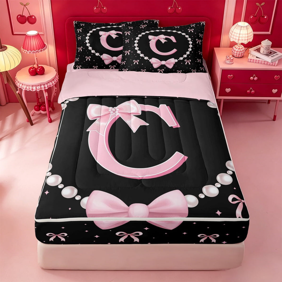 meiyoeat Pink Monogram Bowknot Zipper Twin Comforter Sets with Fitted Sheet and 2 Pillowcases For Kids,Girls Ribbon Bow Letter C Zipper Bedding Set Bowtie Lovers,Pink Reversible,4 Pieces