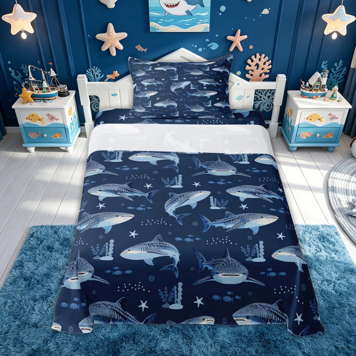 meiyoeat Navy Whale Shark Bed Sheets for Kids Boys, Starfish Ocean Full Size Sheets for Bedroom, 4 Pieces