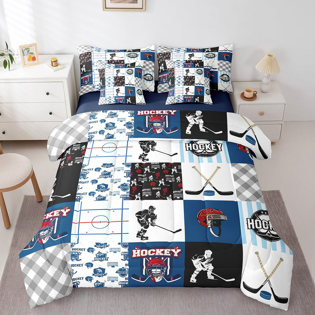 Ice Hockey Comforter Set Full Size,Teal Hockey Player Bedding Set Teens Adults,Rustic Patchwork(Comforter+Fitted+Flat Sheet+2 Pillowcases+2 Throw Pillow Covers) 7 Pieces Bed Set