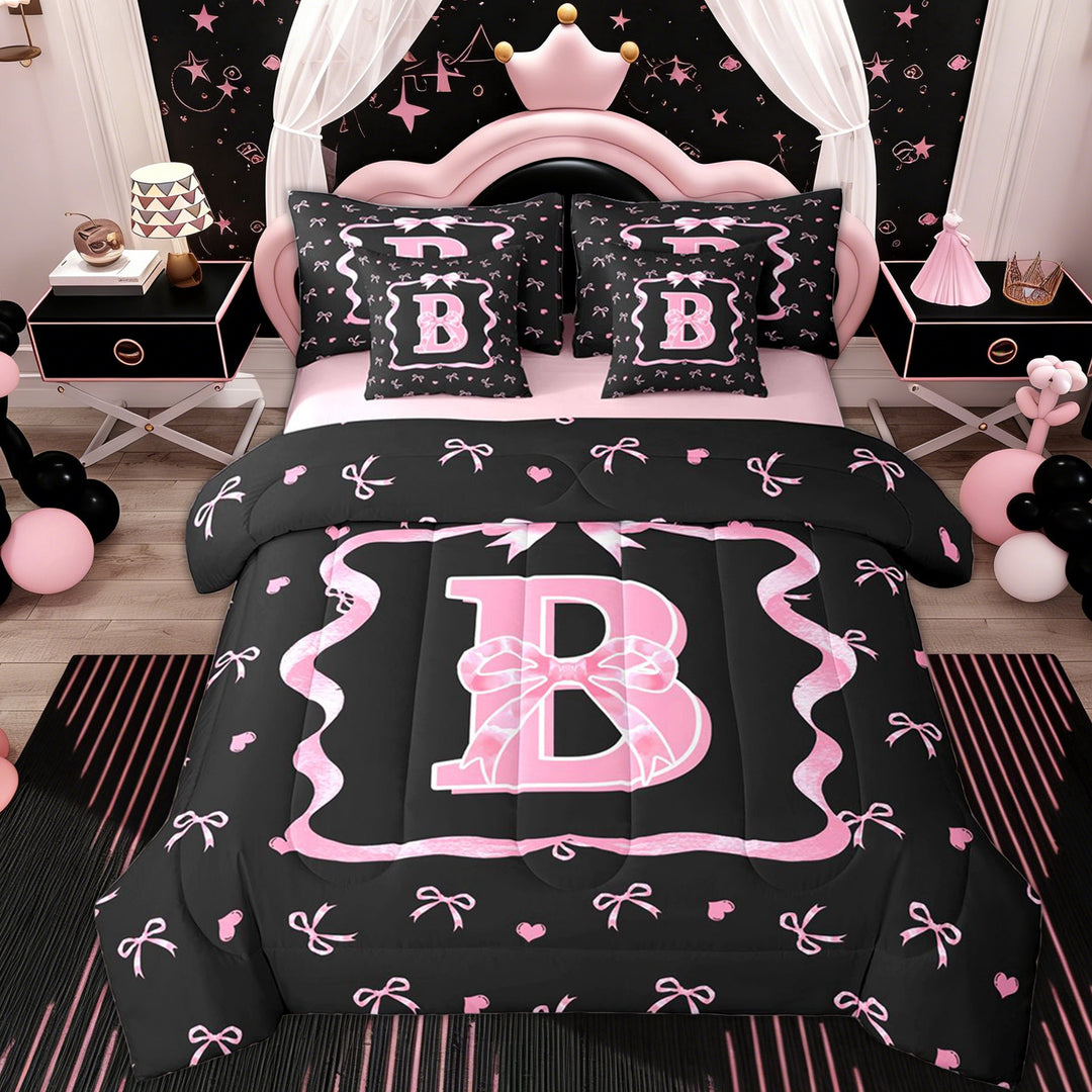 Erosebridal Black Pink Bow Twin Bedding Sets 7-Piece for Girls, Cartoon Letter B Bedding Comforter Set