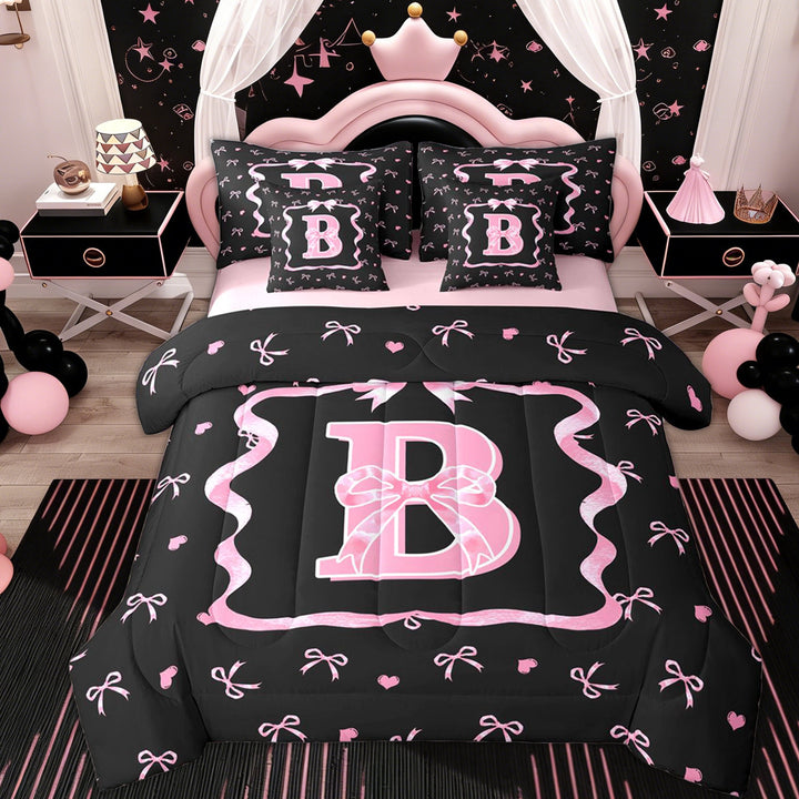 Erosebridal Black Pink Bow Twin Bedding Sets 7-Piece for Girls, Cartoon Letter B Bedding Comforter Set