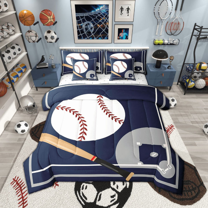 Erosebridal 7 Piece Twin Baseball Bedding Sets ,Sports Comforter Set Ball Games Room Decor,Navy Blue White Baseball Bed in a Bag with Fitted Sheet,Flat Sheet,Pillowcases &amp; Shams