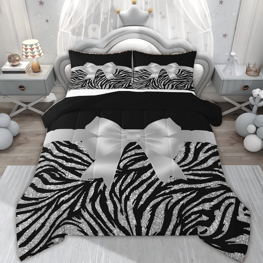 Erosebridal Fashion Bowknot Kids Full Size Comforter Sets, Zebra Print Stripes Bedding Sets, Black Reversible, 3-Piece