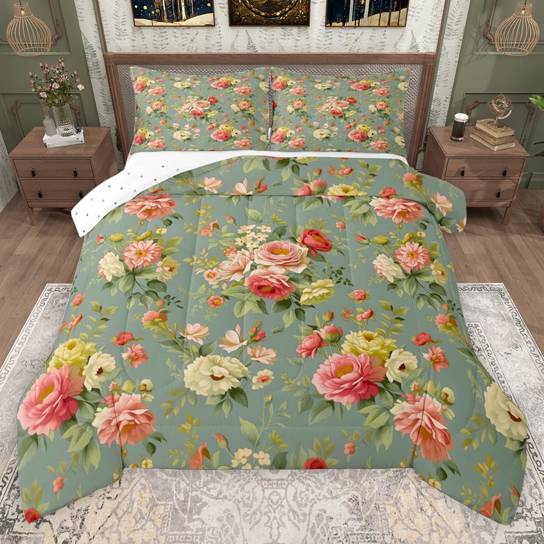 Erosebridal Chic Flower Queen Comforter Set for Female, Green Bedding Comforter Set, Reversible, 3pcs