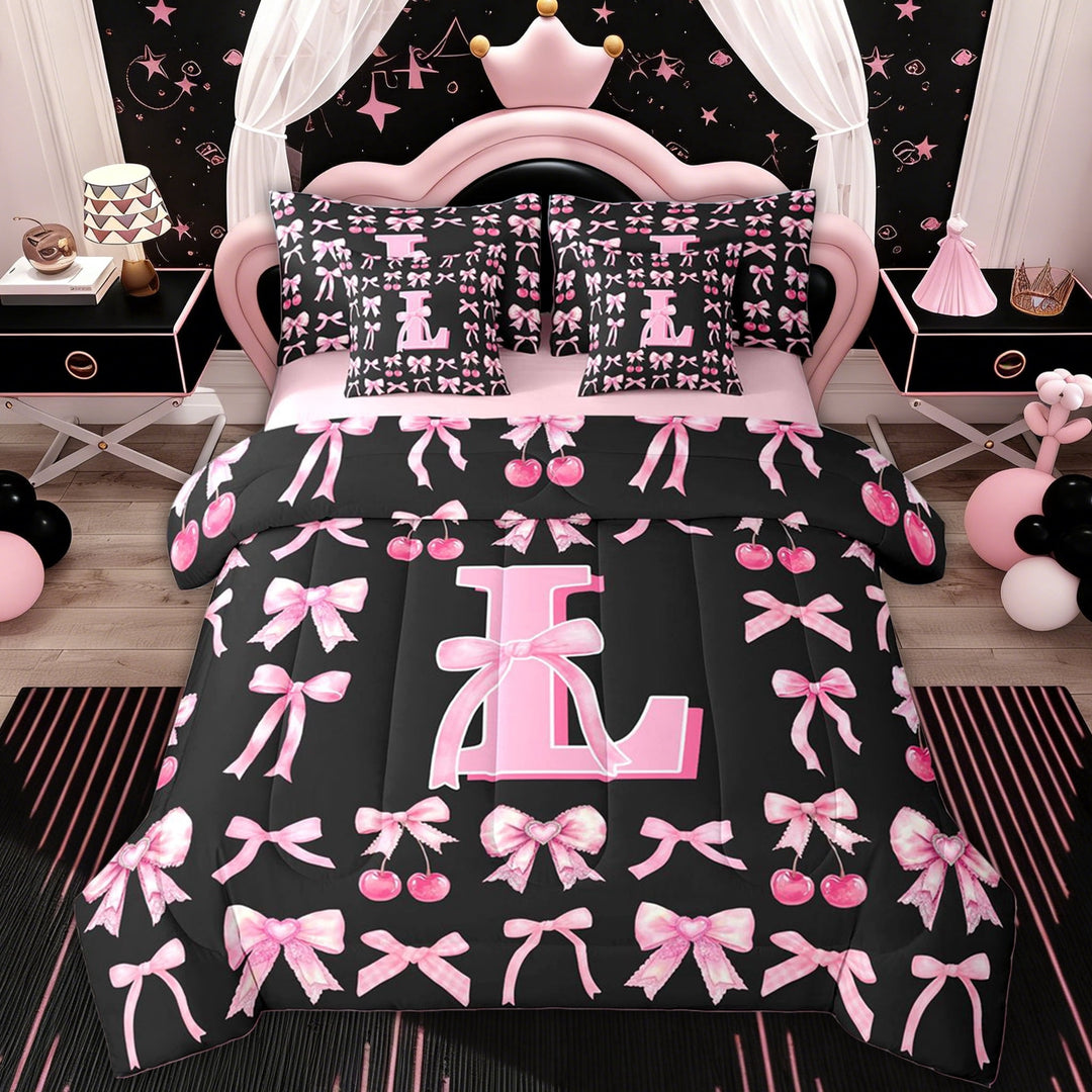 Erosebridal Kid Bow Initial L Twin Bedding Sets, Princess Style Bedding Comforter Set, Pink Reversible, 7-Piece