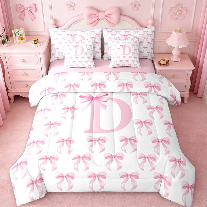 Erosebridal Cute Bow 7-Piece Twin Bedding Sets For Kids,3D Cartoon Letter E Initial Monogram Bedding Comforter Set,Pink Reversible