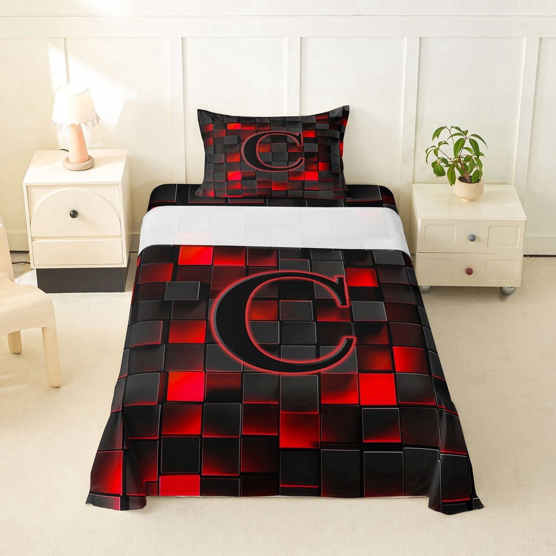 Erosebridal Teens Black Red Geometric Grid Twin Sheet Sets 3pcs,C Personalized Initial Bedding For Boys Girls