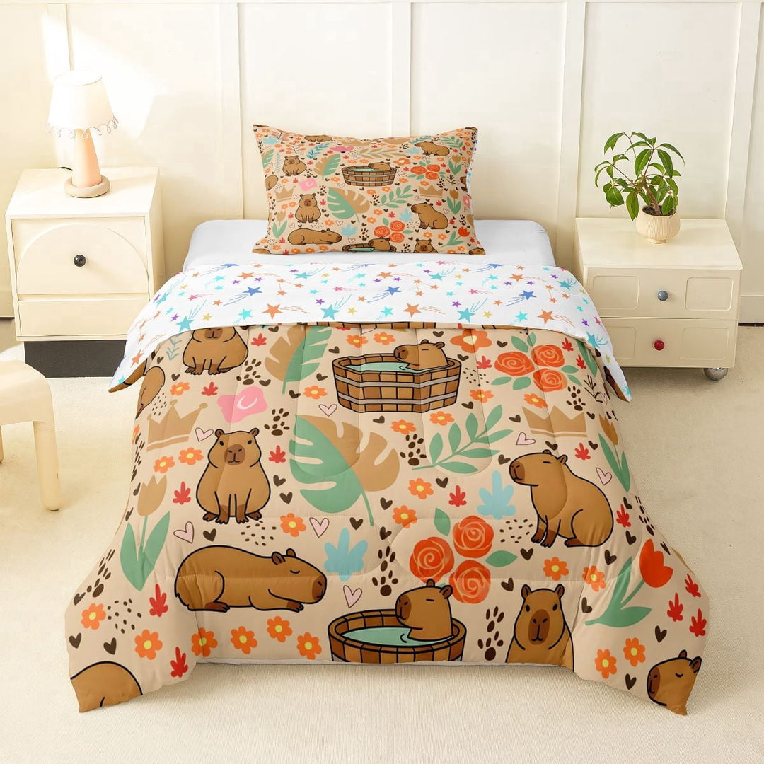 Erosebridal Cartoon Capybaras Twin Comforter Sets,Funny Mouse Rodent Tropical Monstera Leaf Bedding Set For Capybara Lovers Reversible 2-Piece