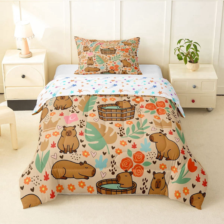 Erosebridal Cartoon Capybaras Twin Comforter Sets,Funny Mouse Rodent Tropical Monstera Leaf Bedding Set For Capybara Lovers Reversible 2-Piece