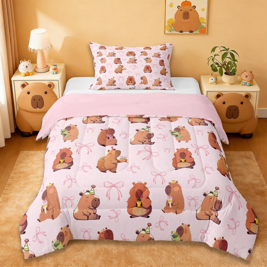 Erosebridal Brown Cartoon Capybaras Twin Comforter Sets For Kids,Pink Bow Cute Bowknot Bedding Set For Bowtie Girls ,Reversible Pink 2 Pieces