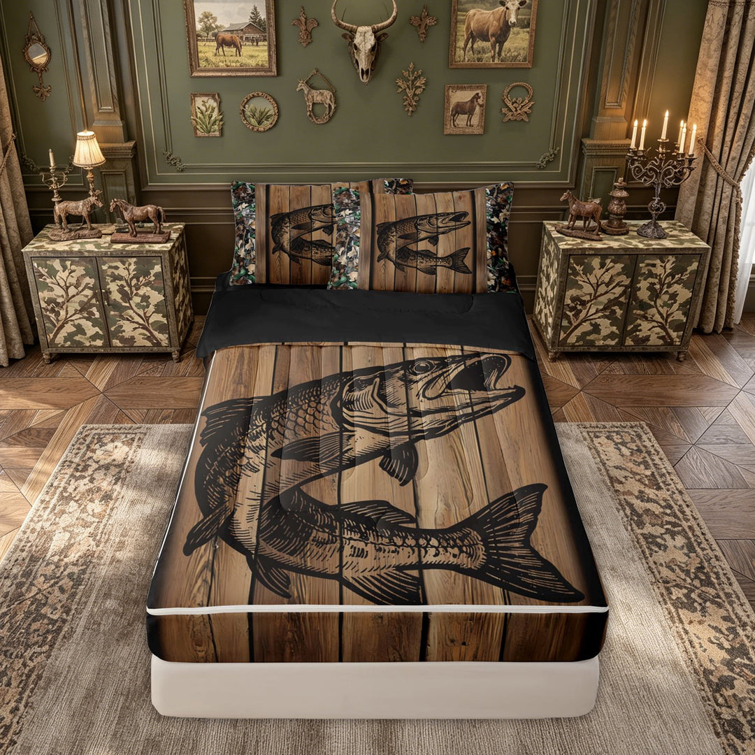 meiyoeat Rustic Pike Fish Zipper Comforter Set with Fitted Sheet and 2 Pillowcases for Men Boys, Autumn Wood Camo Branches Leaf Zipper Bedding Set, Brown, Black Reversible, 3pcs