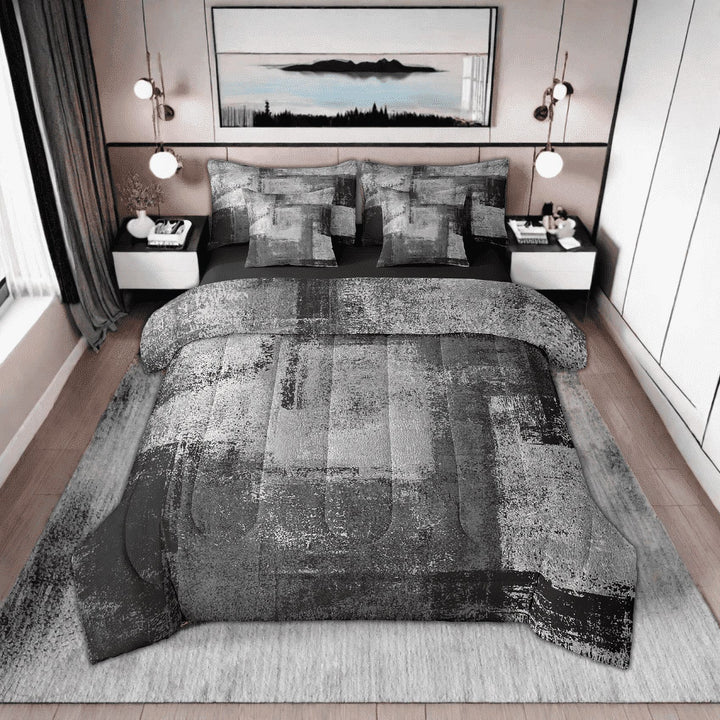 Black White Grey King Comforter Set 7 Piece Geometric Abstract Bedding Set With Sheet Set Men Oil Painting Ombre Graffiti Bed In A Bag Modern Grunge Bed Set Reversible Black