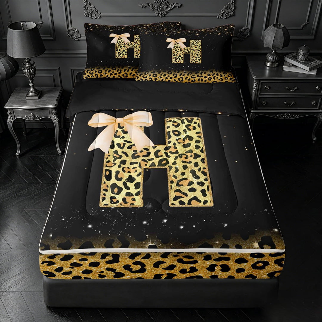 meiyoeat Personalized Monogram Print Zipper Full Size Comforter Sets with Fitted Sheet and 2 Pillowcases,Leopard Bowknot Bling Initial Art Zipper Bedding Set For Girl,Black Reversible,4 Pieces