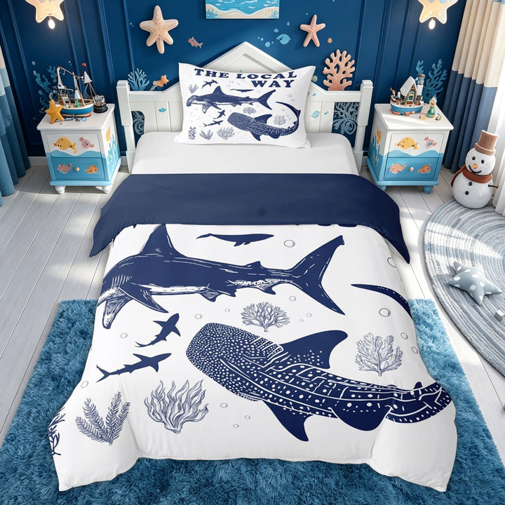 meiyoeat Ocean Shark Bedding for Kids Boys, Ocean Quote Duvet Cover Full for Bedroom, Navy White, Blue Reversible, 3-Piece