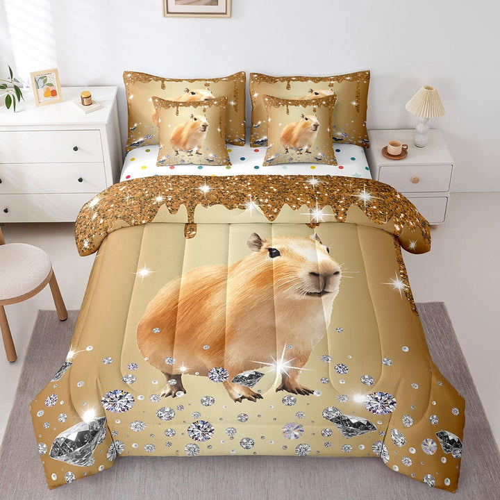 Capybara Comforter Set 7 Piece Bed in a Bag Twin,Brown Sequin Fluid Art Bedding Set,Crystal Diamond Comforter and Sheet Set Nautical Sea Animal Bed Set,Coastal Creature Cute Room Decor