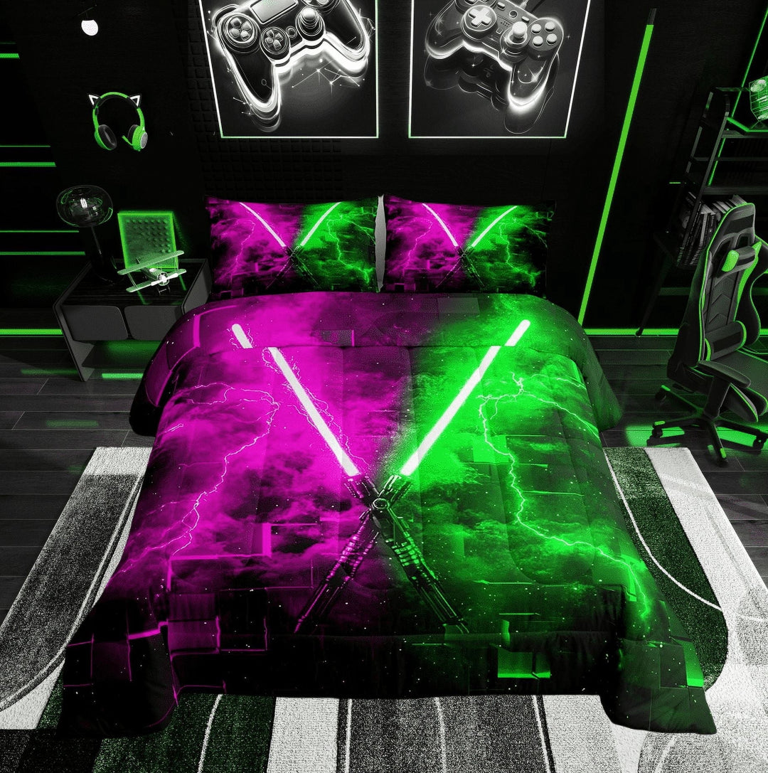 Erosebridal Neon Lightning Bedding Sets Twin with Comforter, Green Purple Geometry Duvet Insert, Lightning Decor, Microfiber