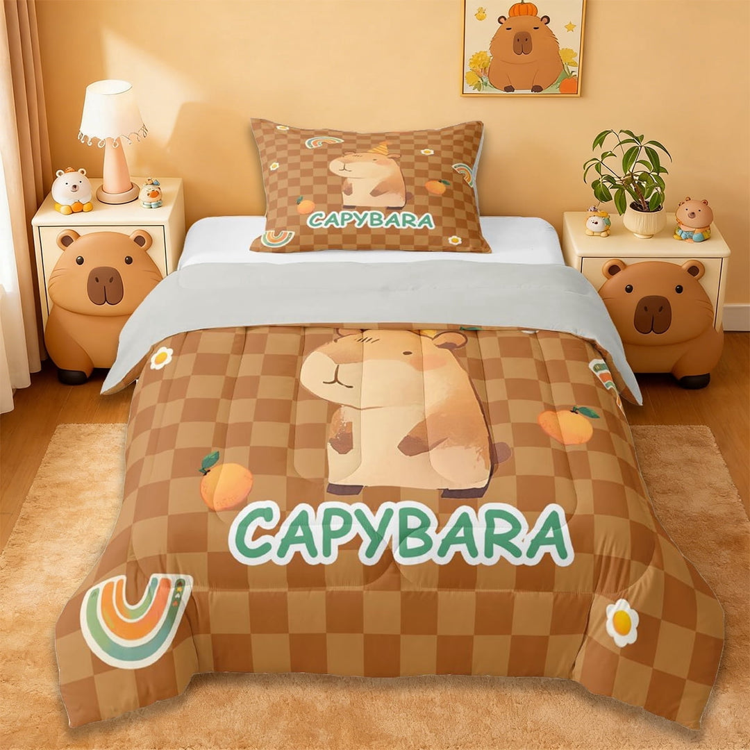 Erosebridal Cute Capybara Twin Comforter Sets,Brown Classic Geometric Plaid Bedding Set For Girls Kids ,Reversible Gray 2 Pieces