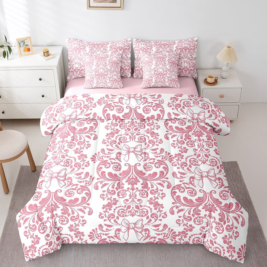 Pink Bow Knot 7 Piece Comforter Set Full Bed in a Bag,Antique Victorian Damask Comforter and Sheet Set,Bowknot Bedding Set,Vintage Floral Gothic Bed Set Exotic Flowers Bohemian Baroque Decor