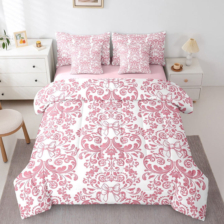 Pink Bow Knot 7 Piece Comforter Set Full Bed in a Bag,Antique Victorian Damask Comforter and Sheet Set,Bowknot Bedding Set,Vintage Floral Gothic Bed Set Exotic Flowers Bohemian Baroque Decor