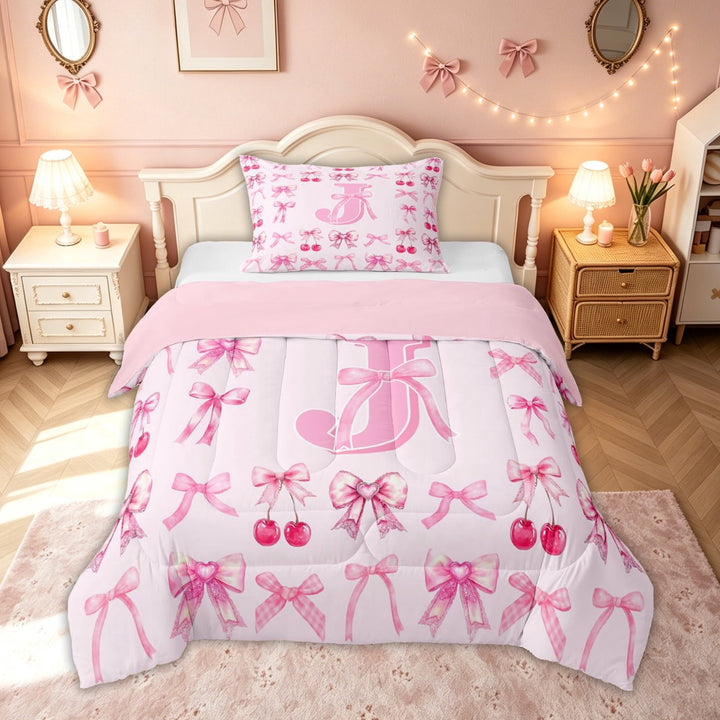 meiyoeat Cute Bow Letter J Full Size Comforter Sets for Kids, Bowknot Cherry Bedding Comforter Set, Pink, Pink Reversible, 3 Pieces, 1 Comforter and 2 Pillowcases