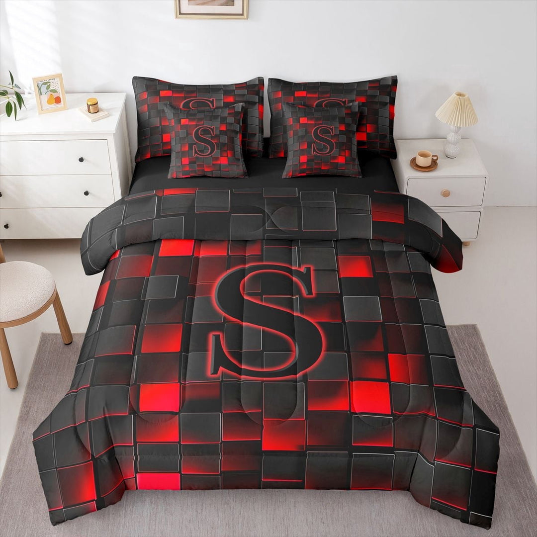 Erosebridal Letter Monogrammed S Boy Twin Bedding Sets 7-Piece,Teens Children Black Red Futuristic Cubes Bedding Comforter Set,Black Reversible