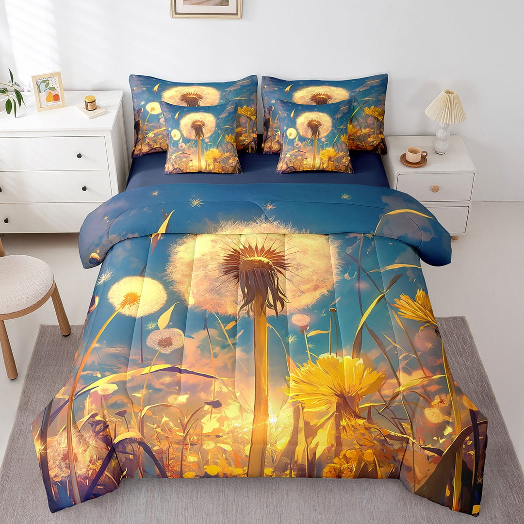 Dandelion 7 Piece Bed in a Bag Full Size,Dreamy Sunshine Flower Floral Bedding Set Bed Sheets,Ombre Golden Dandelion Comforter Set,Aesthetic Pastel Pastoral Sheet Set with Comforter
