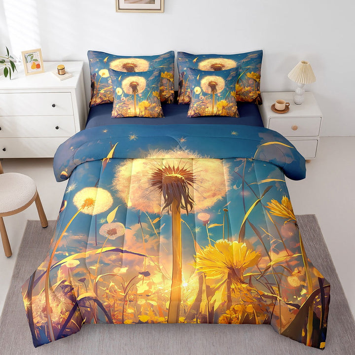 Dandelion 7 Piece Bed in a Bag Full Size,Dreamy Sunshine Flower Floral Bedding Set Bed Sheets,Ombre Golden Dandelion Comforter Set,Aesthetic Pastel Pastoral Sheet Set with Comforter