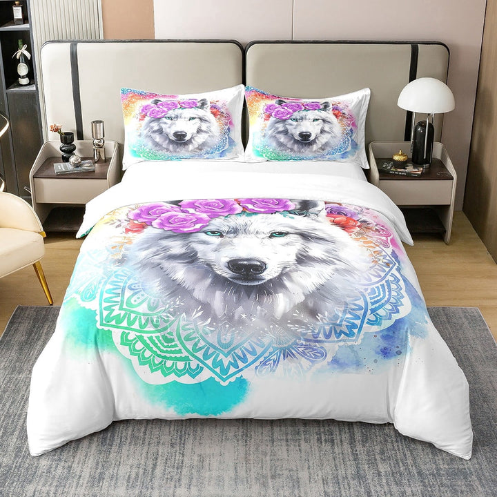 Erosebridal Wolf Bedding Set Lotus Tie Dye Comforter Cover Mandala Flower Exotic Tribal Duvet Cover Green Eyes Wild Animal Marble Bedspreads Cover 2Pcs Twin Size Purple Pink